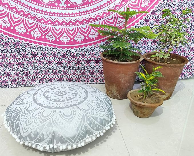 24" White Silver Flower Mandala Barmeri Large Floor Pillow Cover Cushion Meditation Seating Ottoman Throw Cover Hippie Decorative Zipped Bohemian Pouf Ottoman Pom Pom Cases 24 " round - Bloomnest