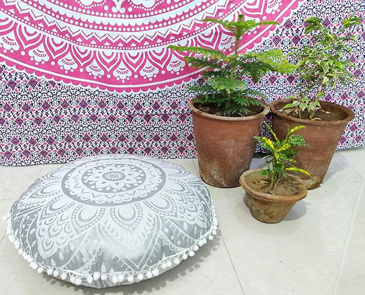 24" White Silver Flower Mandala Barmeri Large Floor Pillow Cover Cushion Meditation Seating Ottoman Throw Cover Hippie Decorative Zipped Bohemian Pouf Ottoman Pom Pom Cases 24 " round - Bloomnest