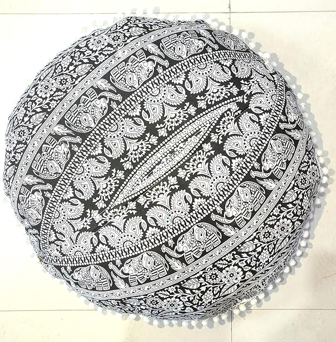 24" Black white Elephant Flower Mandala Barmeri Large Floor Pillow Cover Cushion Meditation Seating Ottoman Throw Cover Hippie Decorative Zipped Bohemian Pouf Ottoman Pom Pom Cases 24 " round - Bloomnest