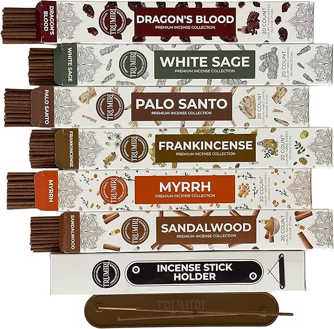 Woody Incense Sticks Variety Pack - 120 Insence-Sticks (6 Incents x 20 Insense) - White Sage Palo Santo Dragons Blood Sandalwood - Natural Inscents-Sticks Non Toxic Cleansing Incienso + Burner Holder - Bloomnest