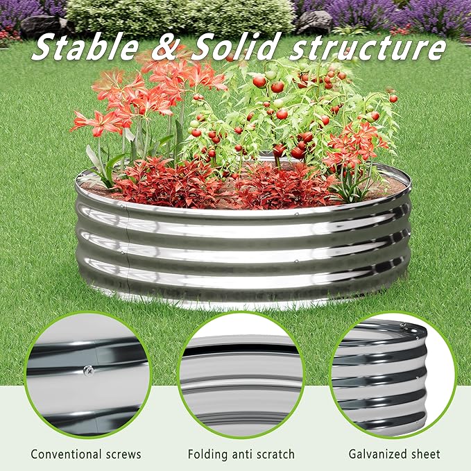 3PCS 4x4x1FT Galvanized Raised Garden Bed Kit,Vegetable Boxes-Round Metal Flower Box,Large Planter Raised Beds Outdoor Garden for Planting,Fruit,Herb-Sliver - Bloomnest