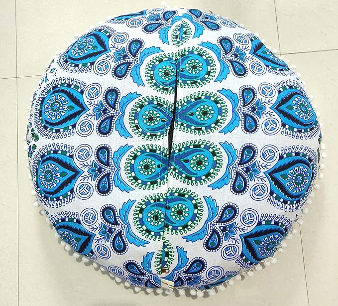 INDIAN CRAFT CASTLE 24" Green Peacock Mandala Barmeri Large Floor Pillow Cover Cushion Meditation Seating Ottoman Throw Cover Hippie Decorative Zipped Bohemian Pouf Ottoman Pom Pom Cases 24" Round - Bloomnest