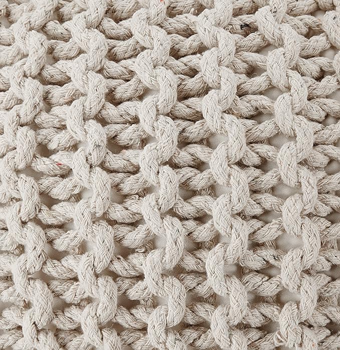 REDEARTH Round Pouf Ottoman - Cable Knitted Boho Poof - Home Décor Cord Pouffe Handmade Circular Footrest for Living Room - Bedroom - Kids Bedroom - 100% Cotton Pouf (18" x 18" x 14") - Ivory - Bloomnest