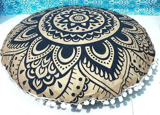 24" Black Gold Flower Mandala Barmeri Large Floor Pillow Cover Cushion Meditation Seating Ottoman Throw Cover Hippie Decorative Zipped Bohemian Pouf Ottoman Pom Pom Cases 24 " round - Bloomnest