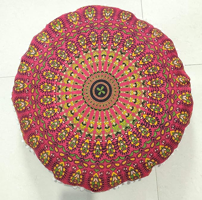 INDIAN CRAFT CASTLE 24" Red Peacock Mandala Barmeri Large Floor Pillow Cover Cushion Meditation Seating Ottoman Throw Cover Hippie Decorative Zipped Bohemian Pouf Ottoman Pom Pom Cases 24" Round - Bloomnest