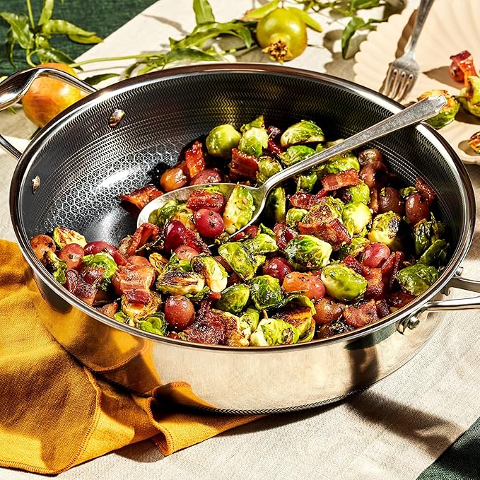 HexClad Hybrid Nonstick 4.5-Quart Deep Sauté Pan with Tempered Glass Lid, Stay-Cool Handle, Dishwasher-Friendly, Oven-Safe Up to 900°F, Induction Ready, Compatible with All Cooktops - Bloomnest