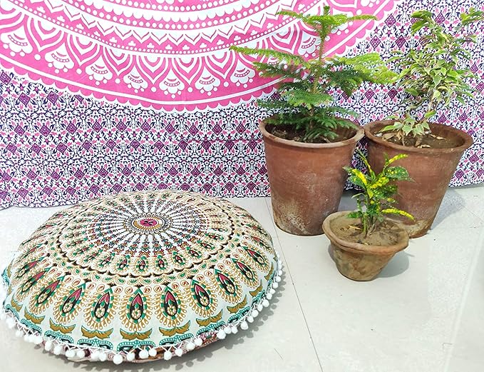 INDIAN CRAFT CASTLE 24" Musturd Peacock Mandala Barmeri Large Floor Pillow Cover Cushion Meditation Seating Ottoman Throw Cover Hippie Decorative Zipped Bohemian Pouf Ottoman Pom Pom Cases 24" Round - Bloomnest
