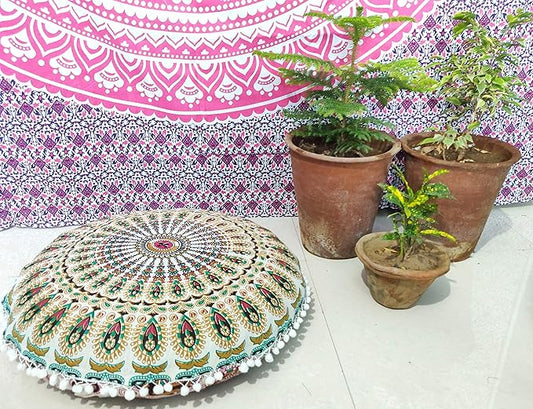 INDIAN CRAFT CASTLE 24" Musturd Peacock Mandala Barmeri Large Floor Pillow Cover Cushion Meditation Seating Ottoman Throw Cover Hippie Decorative Zipped Bohemian Pouf Ottoman Pom Pom Cases 24" Round - Bloomnest
