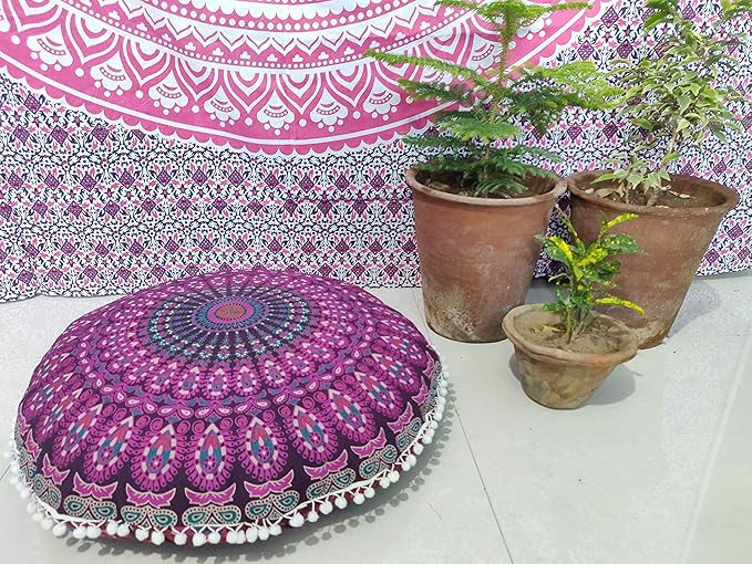 INDIAN CRAFT CASTLE 24" Pink Peacock Mandala Barmeri Large Floor Pillow Cover Cushion Meditation Seating Ottoman Throw Cover Hippie Decorative Zipped Bohemian Pouf Ottoman Pom Pom Cases 24" Round - Bloomnest