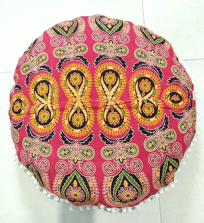 INDIAN CRAFT CASTLE 24" Red Peacock Mandala Barmeri Large Floor Pillow Cover Cushion Meditation Seating Ottoman Throw Cover Hippie Decorative Zipped Bohemian Pouf Ottoman Pom Pom Cases 24" Round - Bloomnest