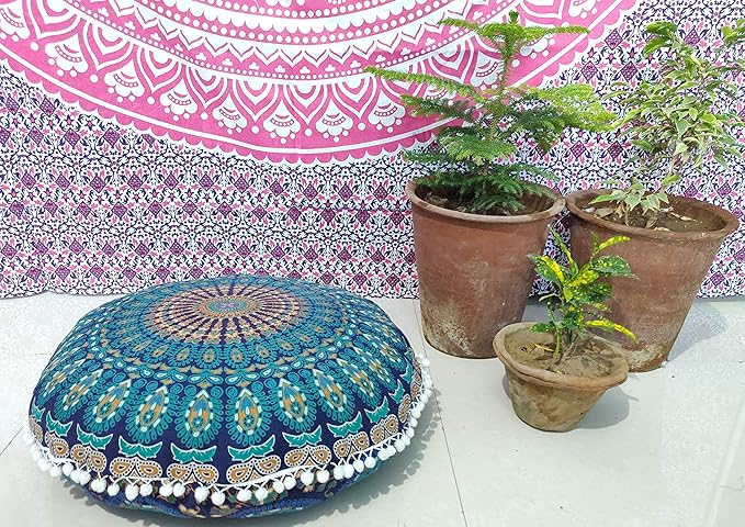 INDIAN CRAFT CASTLE 24" Blue Peacock Mandala Barmeri Large Floor Pillow Cover Cushion Meditation Seating Ottoman Throw Cover Hippie Decorative Zipped Bohemian Pouf Ottoman Pom Pom Cases 24" Round - Bloomnest