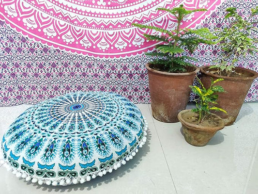 INDIAN CRAFT CASTLE 24" Green Peacock Mandala Barmeri Large Floor Pillow Cover Cushion Meditation Seating Ottoman Throw Cover Hippie Decorative Zipped Bohemian Pouf Ottoman Pom Pom Cases 24" Round - Bloomnest