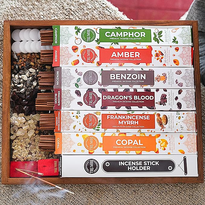 Trumiri Incense Sticks - 120 Insence-Sticks (20 Insense x 6 Incents) - Incienso Inscents-Sticks with Dragon Blood Frankincense Myrrh Benzoin Amber Copal Resin and Camphor Alcanfor + Incense Holder - Bloomnest