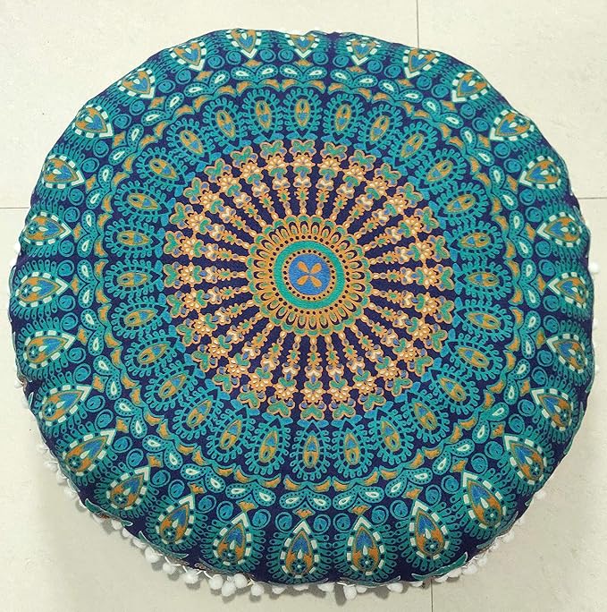 INDIAN CRAFT CASTLE 24" Blue Peacock Mandala Barmeri Large Floor Pillow Cover Cushion Meditation Seating Ottoman Throw Cover Hippie Decorative Zipped Bohemian Pouf Ottoman Pom Pom Cases 24" Round - Bloomnest