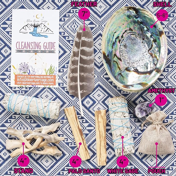 Blue River Sage Smudging & Energy Cleansing Kit with Amethyst, White Sage, Palo Santo, Abalone Shell, Stand & Guide (Regular) BLUE+RIVER+SAGE