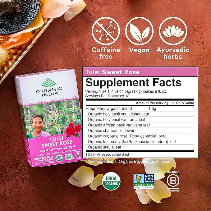 Organic India Tulsi Sweet Rose Herbal Tea - Holy Basil Leaf, African Basil, Chamomilie, Lemon Myrtle, Stress Relieving, Immune Support, USDA Certified Organic, Caffeine-Free - 18 Infusion Bags, 6 Pack - Bloomnest