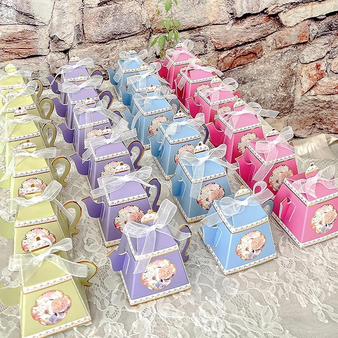 Kate Aspen Vintage Floral Tea Pot Shaped Party Favor Boxes (Set of 24 Assorted Colors) - Weddings Favors, Bridal Showers Brunches, Baby Candy Boxes, Birthday Decorations - Bloomnest