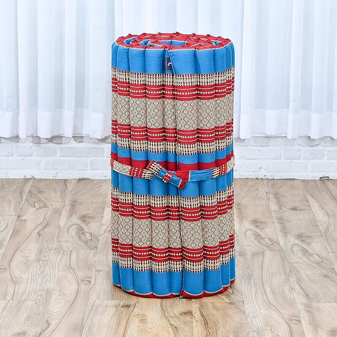 Leewadee - Foldable Floor Mattress - Japanese Roll Up Futon -Trifold Tatami Mat- Guest Floor Bed - Camping Mattress - Thai Massage Mat, Kapok Filled, 75 x 28 inches, Blue Red - Bloomnest