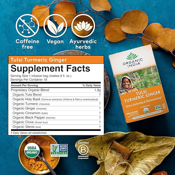 ORGANIC INDIA Tulsi Turmeric Ginger Herbal Tea - Stress Relieving & Harmonizing, Immune Support, Aids Digestion, Vegan, Caffeine-Free - 18 Infusion Bags, 6 Pack - Bloomnest