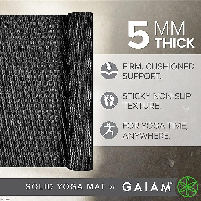 Gaiam Yoga Mat - Premium 5mm Solid Thick Non Slip Exercise & Fitness Mat for All Types of Yoga, Pilates & Floor Workouts (68" x 24" x 5mm) - Bloomnest