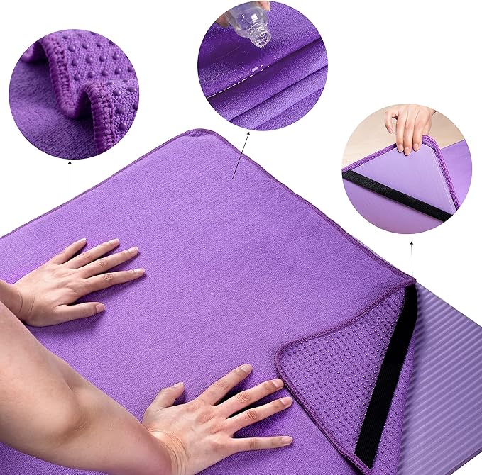 POLYTE Microfiber Hot Yoga Towel Mat with Non-Slip Silicone Grip and Secure Fit Elastic Straps, 24 x 72 in (Purple) - Bloomnest