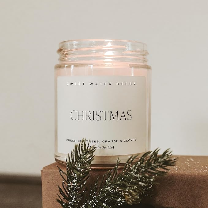 Sweet Water Decor Christmas Candle | Cinnamon, Trees, Orange, and Clove Scents | Christmas Candles and Decor for Home | 9oz. Clear Jar Soy Candle, Made in The USA - Bloomnest