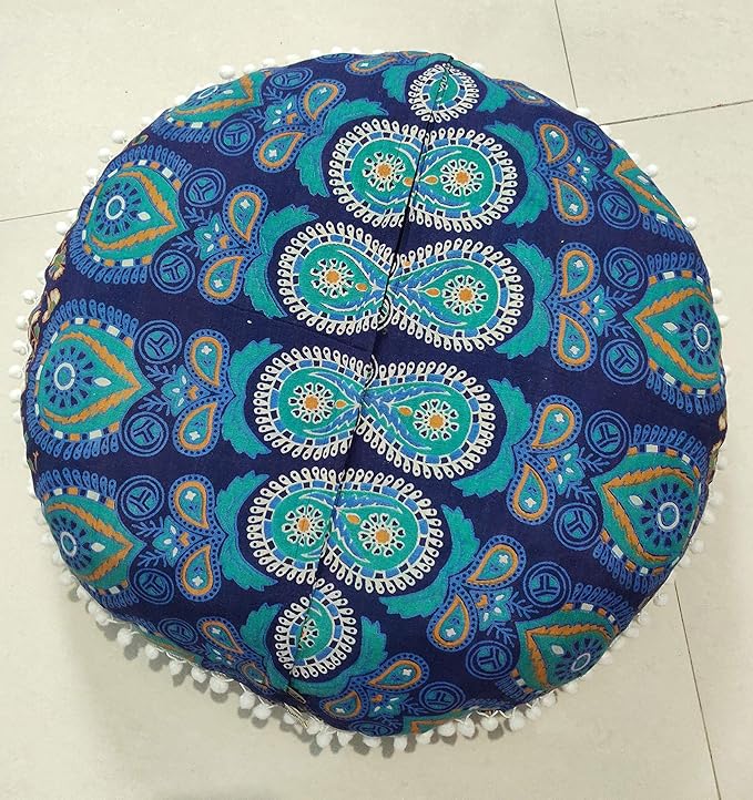 INDIAN CRAFT CASTLE 24" Blue Peacock Mandala Barmeri Large Floor Pillow Cover Cushion Meditation Seating Ottoman Throw Cover Hippie Decorative Zipped Bohemian Pouf Ottoman Pom Pom Cases 24" Round - Bloomnest