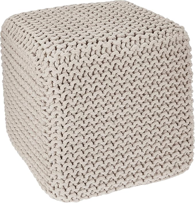 REDEARTH Square Pouf Ottoman Foot Stool - Hand Knitted Bean Bag - Cord Boho Pouffe - Accent Poof for Living Room - Nursery - Bedroom - Kids Bedroom - Patio - 100% Cotton (16" x 16" x 16") - Ivory - Bloomnest