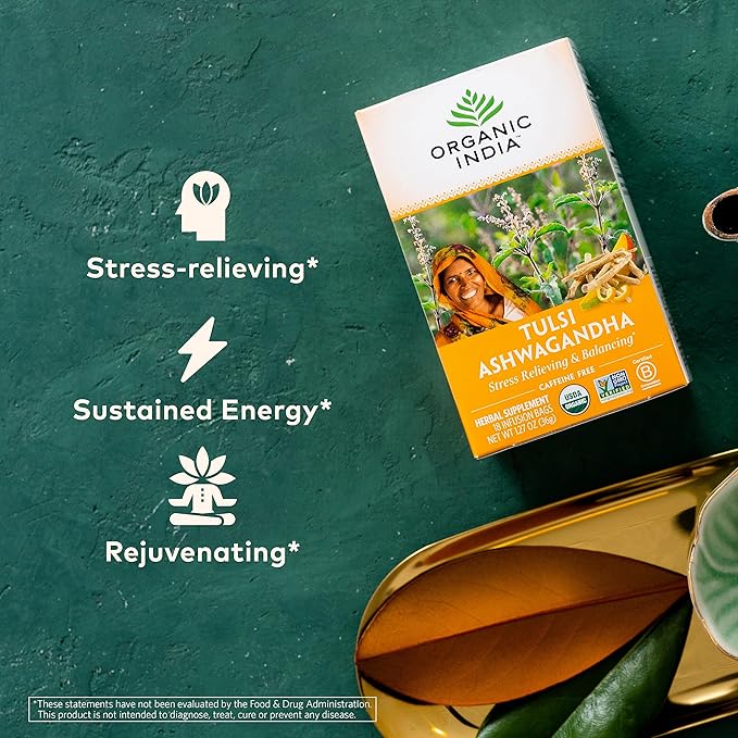 ORGANIC INDIA Calming Tulsi Ashwagandha Herbal Tea - Holy Basil Tea with Ashwagandha Root, Supports Restful Sleep - Adaptogen, Vegan, USDA Certified Organic, Non-GMO - 18 Infusion Bags, 3 Pack - Bloomnest