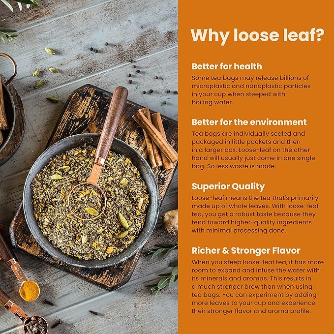 Organic Turmeric Ginger Tulsi Chai Tea | Loose Leaf | Ayurvedic Superfood Blend | Herbal and Caffeine-Free | 55+ Cups | KSA Kosher | 4 oz - Bloomnest