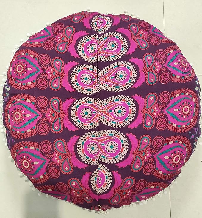 INDIAN CRAFT CASTLE 24" Pink Peacock Mandala Barmeri Large Floor Pillow Cover Cushion Meditation Seating Ottoman Throw Cover Hippie Decorative Zipped Bohemian Pouf Ottoman Pom Pom Cases 24" Round - Bloomnest