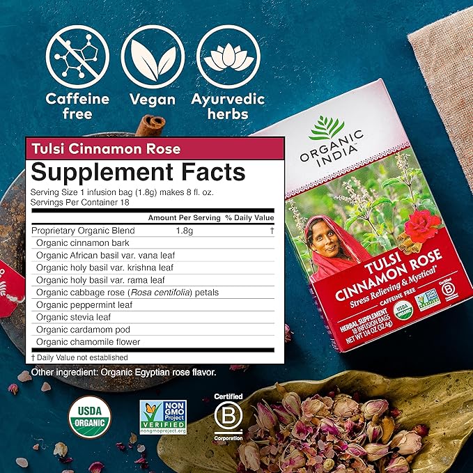ORGANIC INDIA Tulsi Cinnamon Rose Tea Bags - Tulsi Rose Tea Bags, Cinnamon Tea Bags with Holy Basil, Chamomile, Stevia, USDA Certified Organic Caffeine Free Herbal Tea - 18 Infusion Bags, 6 Pack - Bloomnest
