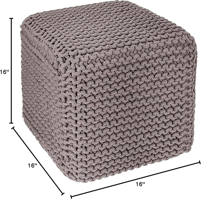 REDEARTH Cube Hand Knitted Pouf - Foot Stool Ottoman - Cord Boho Pouffe - Poof Accent Stuffed Table or Footrest for Living Room - Nursery - Bedroom - Patio - 100% Cotton (16" x 16" x 16") - Taupe - Bloomnest