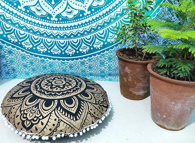 24" Black Gold Flower Mandala Barmeri Large Floor Pillow Cover Cushion Meditation Seating Ottoman Throw Cover Hippie Decorative Zipped Bohemian Pouf Ottoman Pom Pom Cases 24 " round - Bloomnest