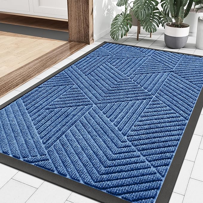 Smiry Front Door Mat Outside Entrance, Heavy Duty Sturdy Natural Rubber Doormat, Trap Dirt and Moisture, Easy Clean Low Profile Mats for Indoor Outdoor Entry, Irregular Triangle (36x24, Blue) - Bloomnest