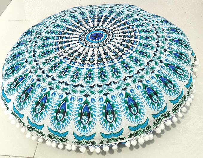 INDIAN CRAFT CASTLE 24" Green Peacock Mandala Barmeri Large Floor Pillow Cover Cushion Meditation Seating Ottoman Throw Cover Hippie Decorative Zipped Bohemian Pouf Ottoman Pom Pom Cases 24" Round - Bloomnest