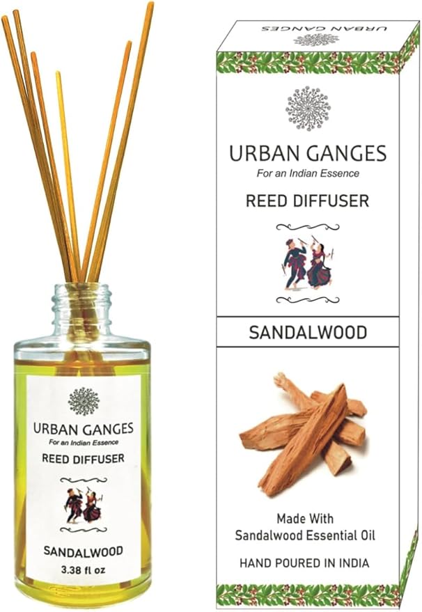 Reed Diffuser | Sandalwood | Made with Sandalwood Essential Oil | Luxurious Reed Diffuser | Handpoured in India | 3.38 fl oz | Includes Fibre Reed Sticks URBANGANGES