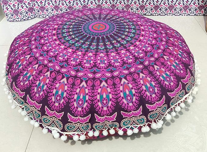 INDIAN CRAFT CASTLE 24" Pink Peacock Mandala Barmeri Large Floor Pillow Cover Cushion Meditation Seating Ottoman Throw Cover Hippie Decorative Zipped Bohemian Pouf Ottoman Pom Pom Cases 24" Round - Bloomnest
