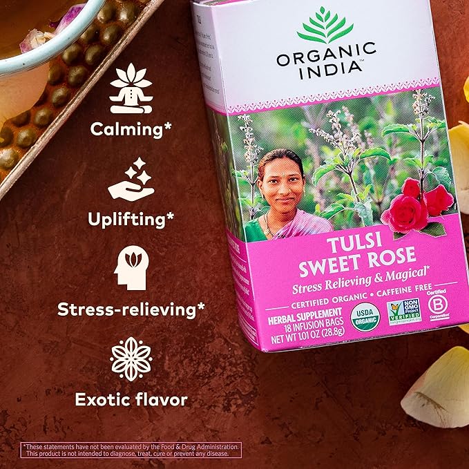 Organic India Tulsi Sweet Rose Herbal Tea - Holy Basil Leaf, African Basil, Chamomilie, Lemon Myrtle, Stress Relieving, Immune Support, USDA Certified Organic, Caffeine-Free - 18 Infusion Bags, 6 Pack - Bloomnest