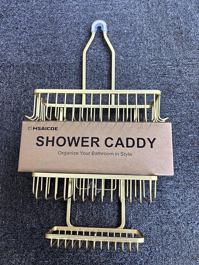 Shower Caddy Hanging - Never Rust Shower Hanging Organizer - Aluminum Over the ShowerHead Caddy with Soap Basket and 6 Razor/Sponge Hooks (Gold) - Bloomnest