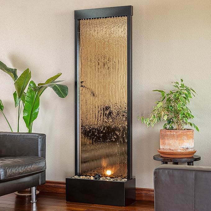 Alpine Corporation | 72"H Indoor/Outdoor Mirror Waterfall Floor Fountain — LED Lights & River Stones — Elegant Bronze Finish for Home, Office, Patio & Entryway Décor - Bloomnest