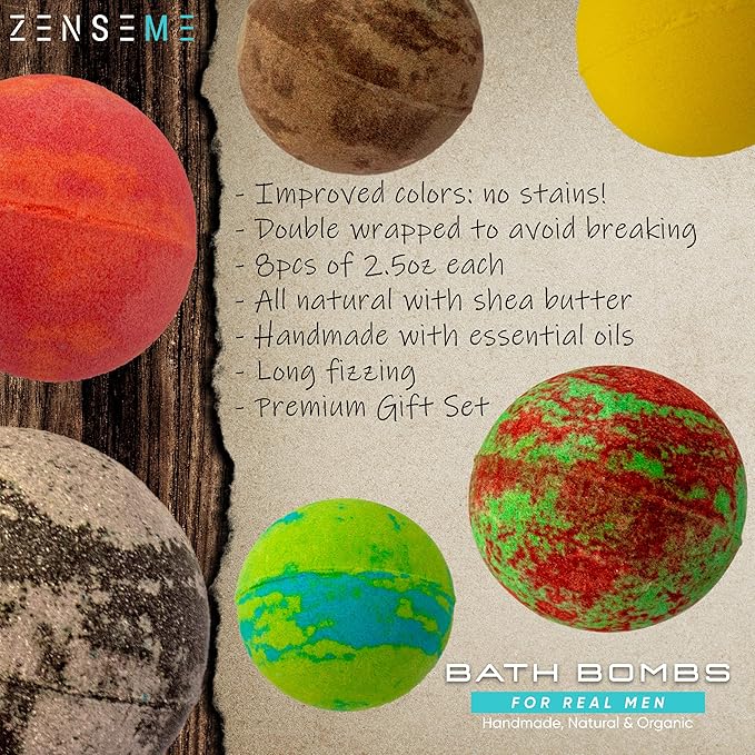 Bath Bombs for Men, Gift Set of 8 Scented Organic Handmade Bath Bombs of 2.5 oz with Natural Essential Oils for Boyfriend, Husband, Father or Friend, by ZenseMe - Bloomnest