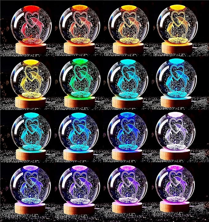 Dolphin Crystal Ball Lamp,3D 3.15 inch K9 Crystal Ball Night Light with Wooden Base Lamp for Room,Dolphin Light Gift,16 Colors Change with Remote Control (D) - Bloomnest
