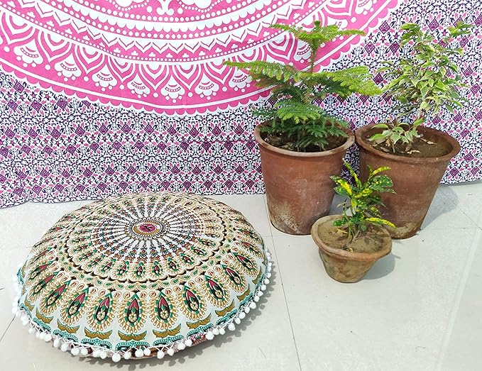 INDIAN CRAFT CASTLE 24" Musturd Peacock Mandala Barmeri Large Floor Pillow Cover Cushion Meditation Seating Ottoman Throw Cover Hippie Decorative Zipped Bohemian Pouf Ottoman Pom Pom Cases 24" Round - Bloomnest