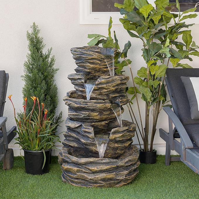 Alpine Corporation GIL110 Outdoor 5 Tiered Natural Look Rock Water Floor Fountain with Replaceable Lights,39" H, Brown - Bloomnest
