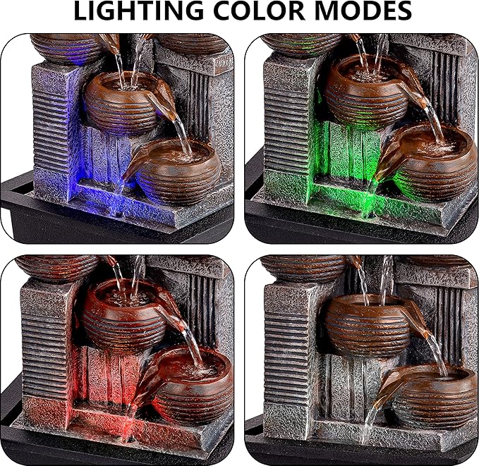 Indoor Fountains and Waterfalls from 5-Tiered Pots-12”H Tabletop Water Fountain-Desk Fountain-Office Decor with Audible Calming Waterfall Sounds-Zen Fountain with Color Lights - Bloomnest