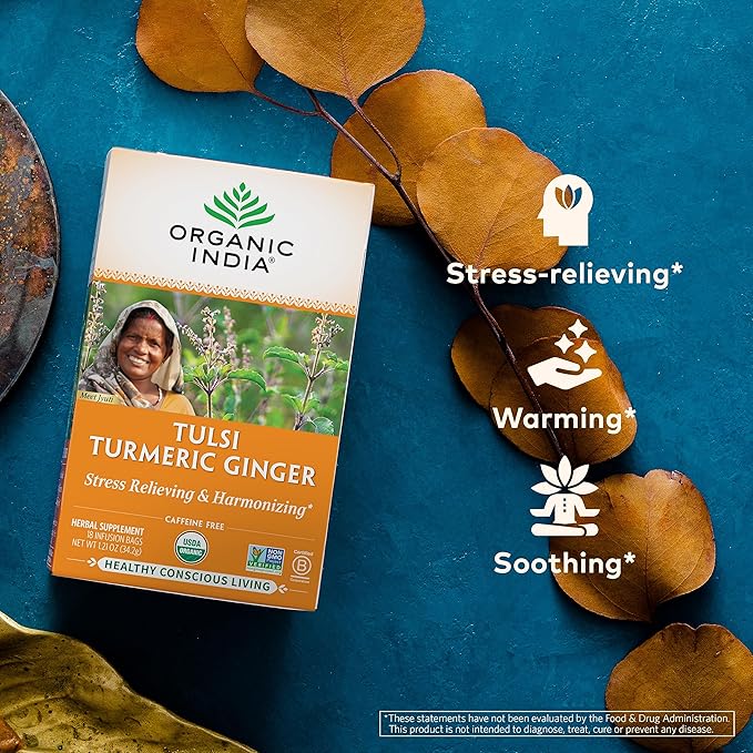 ORGANIC INDIA Tulsi Turmeric Ginger Herbal Tea - Stress Relieving & Harmonizing, Immune Support, Aids Digestion, Vegan, Caffeine-Free - 18 Infusion Bags, 6 Pack - Bloomnest