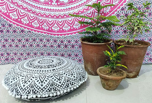 INDIAN CRAFT CASTLE 24" Grey Ombre Mandala Barmeri Large Floor Pillow Cover Cushion Meditation Seating Ottoman Throw Cover Hippie Decorative Zipped Bohemian Pouf Ottoman Pom Pom Cases 24" Round - Bloomnest
