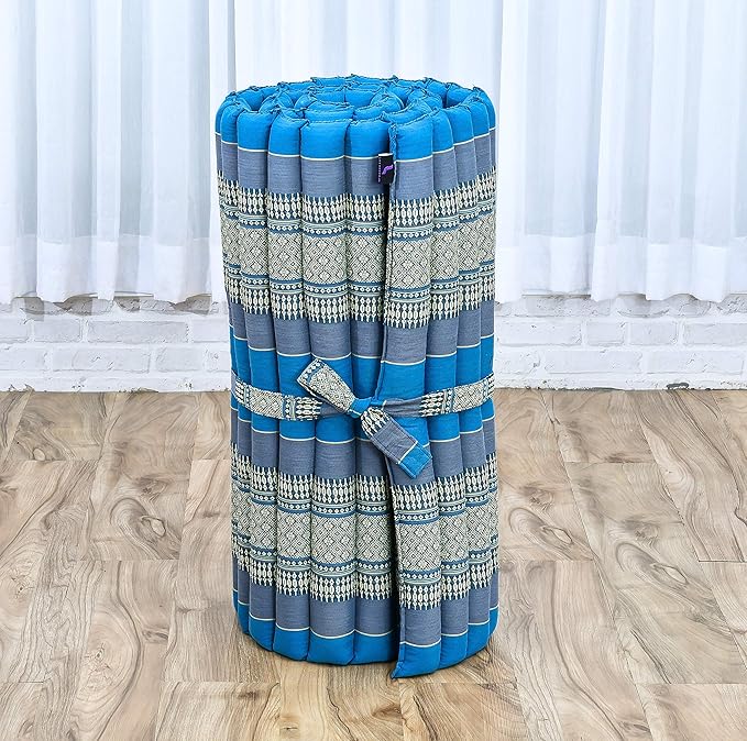 Leewadee - Foldable Floor Mattress - Japanese Roll Up Futon -Trifold Tatami Mat- Guest Floor Bed - Camping Mattress - Thai Massage Mat, Kapok Filled, 75 x 28 inches, Light Blue - Bloomnest