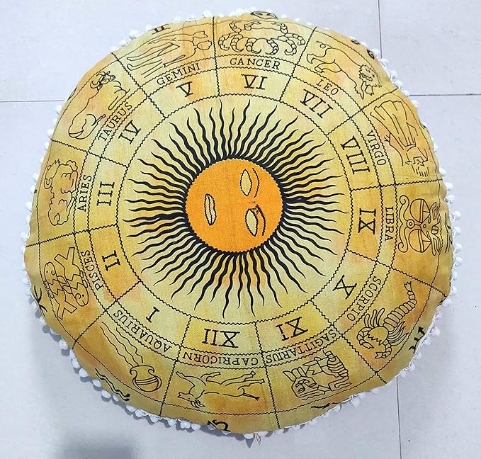INDIAN CRAFT CASTLE 24" Yellow Zodiac Mandala Barmeri Large Floor Pillow Cover Cushion Meditation Seating Ottoman Throw Cover Hippie Decorative Zipped Bohemian Pouf Ottoman Pom Pom Cases 24" Round - Bloomnest